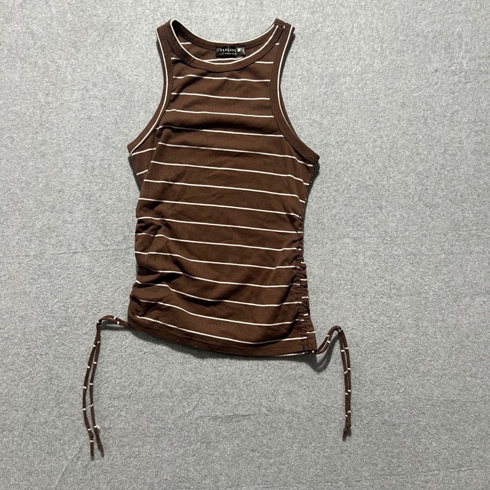 Bodycon Brown White Stripe Ribbed Ruched Side Sleeveless Tank Top S Y2K